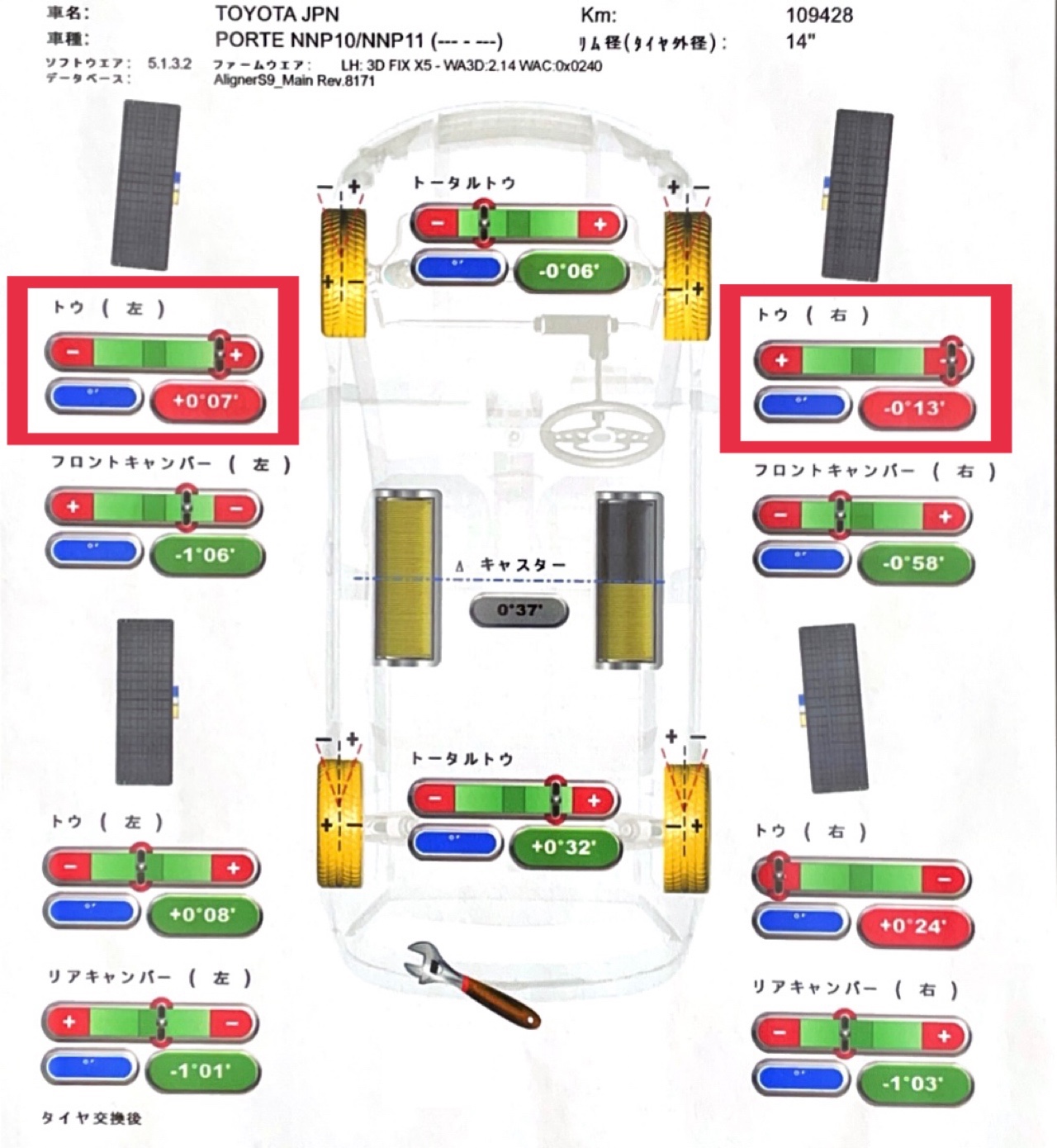 スタイルコクピットズーム　トヨタ ポルテ NNP10　アライメント調整