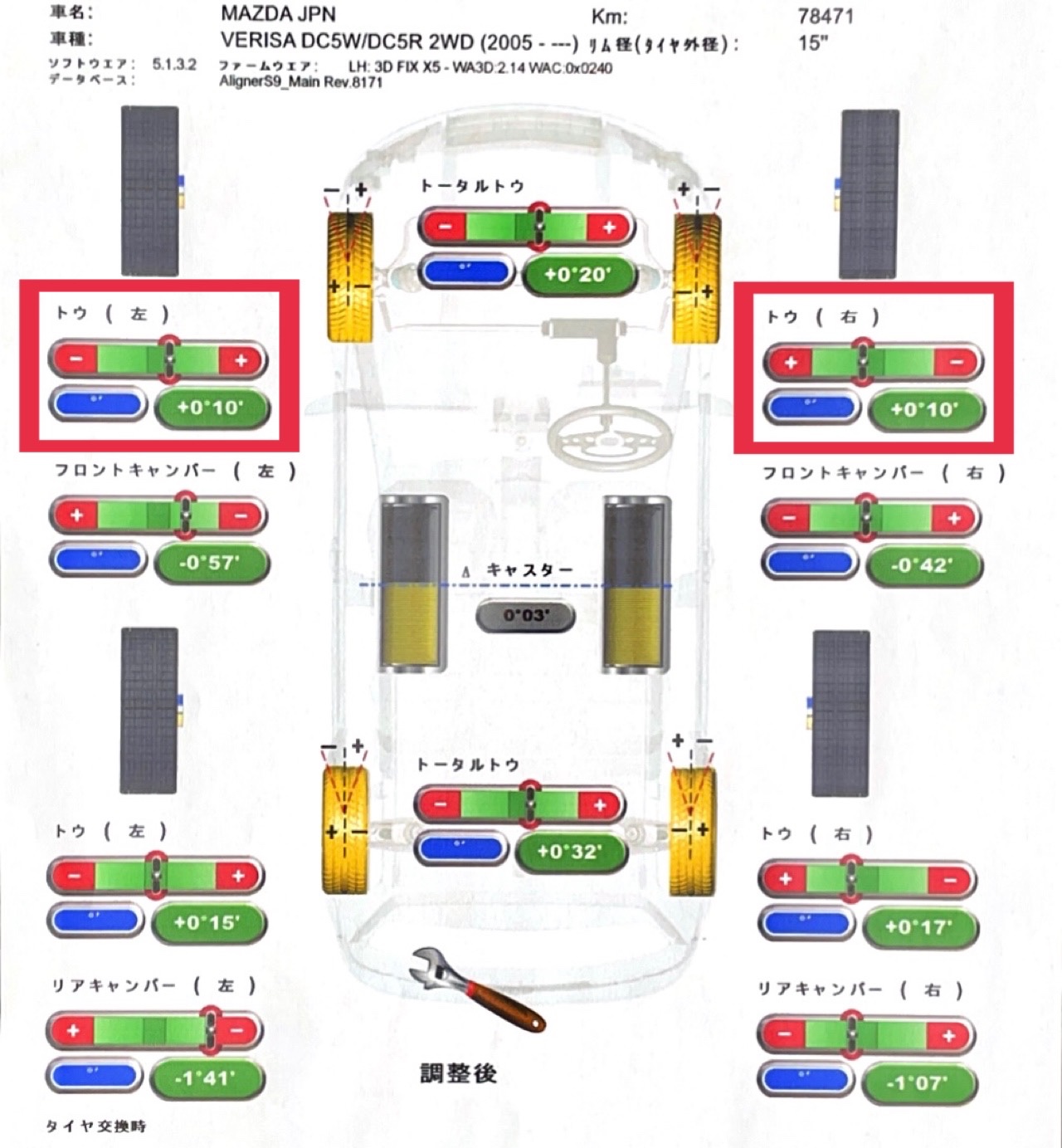 スタイルコクピットズーム　マツダ ベリーサ DC5W　アライメント調整