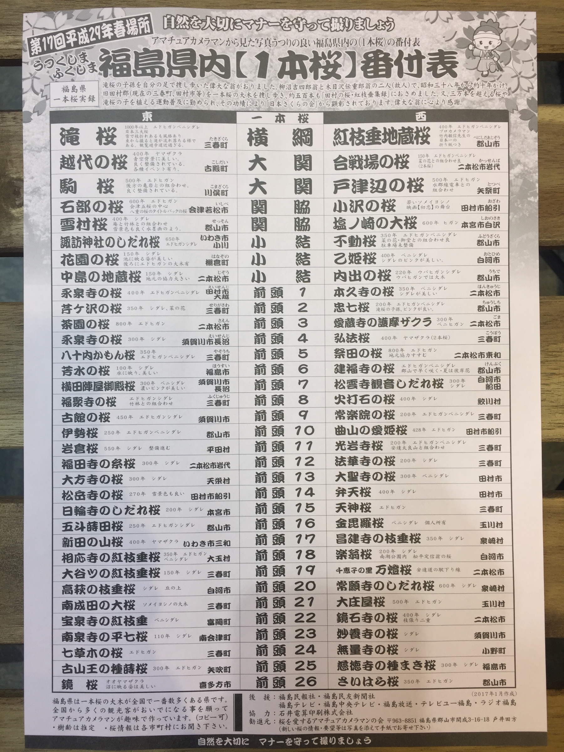 2017年 福島県内 1本桜 番付表