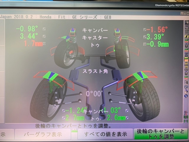 Honda Fit Ge8 4輪アライメント測定 調整 ホンダ フィット ホイール アライメント調整 スタッフ 日記 コクピット 荒井 車のカスタマイズにかかわるスタッフより